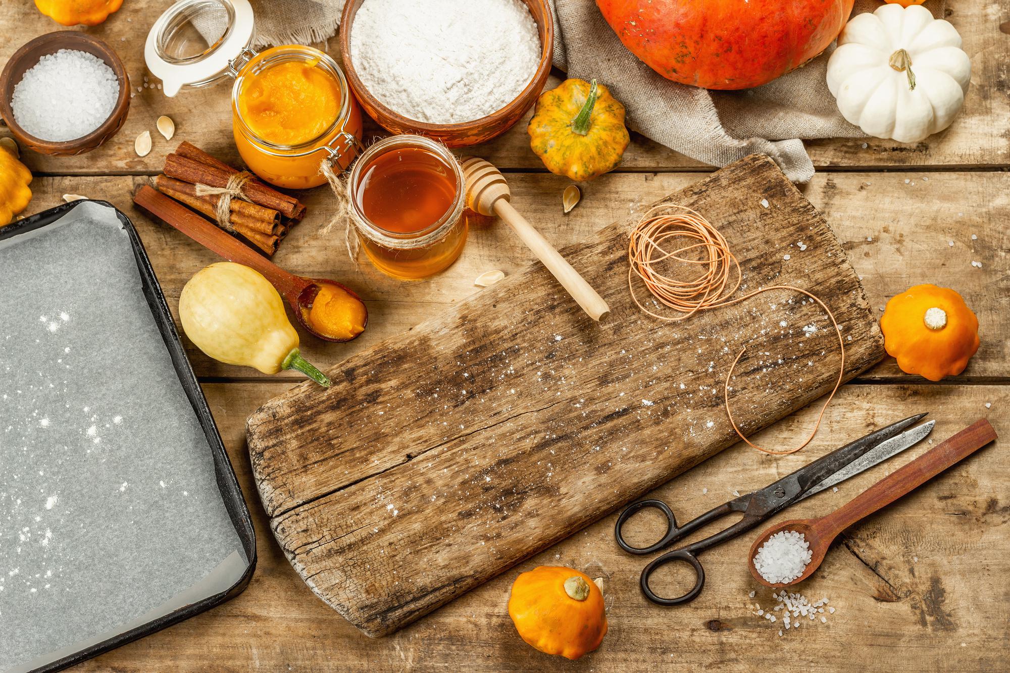 rustic studio kitchen with tools and produce
