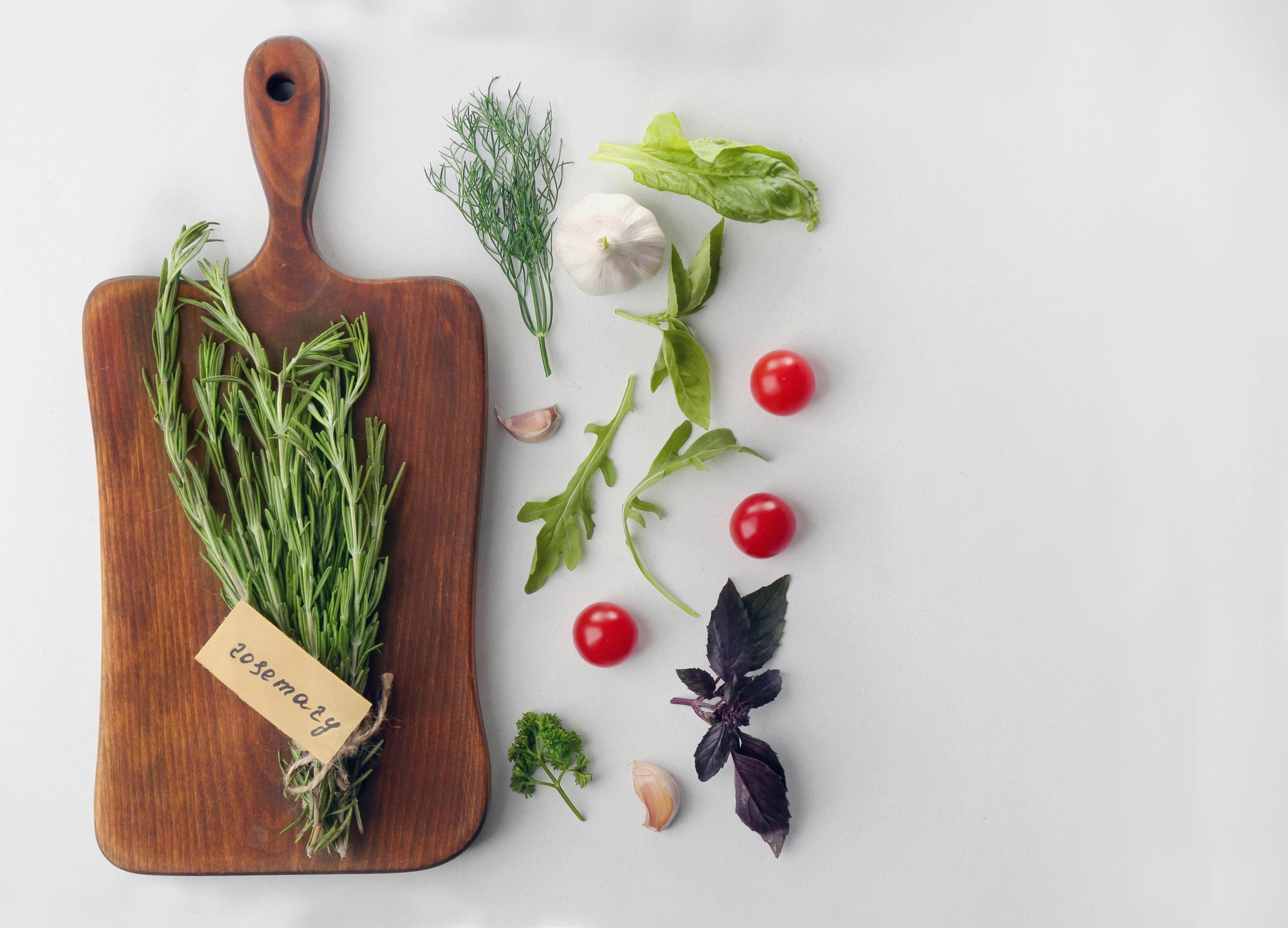 studio counter with herbs and utensils
